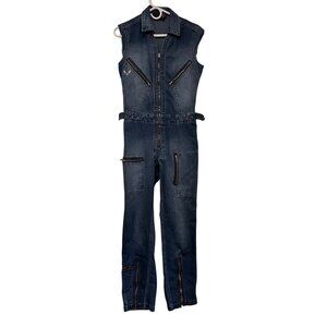 Sleeveless Denim Jumpsuit overalls Multiple Zipper Pockets  Fitted Waist Large L